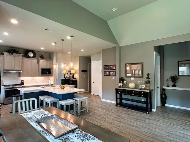 2 Ruchill Cir, Conroe, TX 77304 - kitchen featuring stainless steel appliances, a kitchen island with sink, light countertops, light wood-style floors, and decorative backsplash