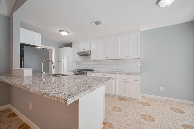 10659 Hazelhurst Dr, Houston, TX 77043 - kitchen featuring under cabinet range hood, appliances with stainless steel finishes, light stone countertops, white cabinetry, and tasteful backsplash