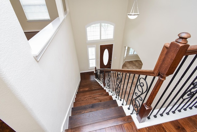 3315 Tulip Ranch Dr, Katy, TX 77494 - stairway featuring a high ceiling and wood finished floors