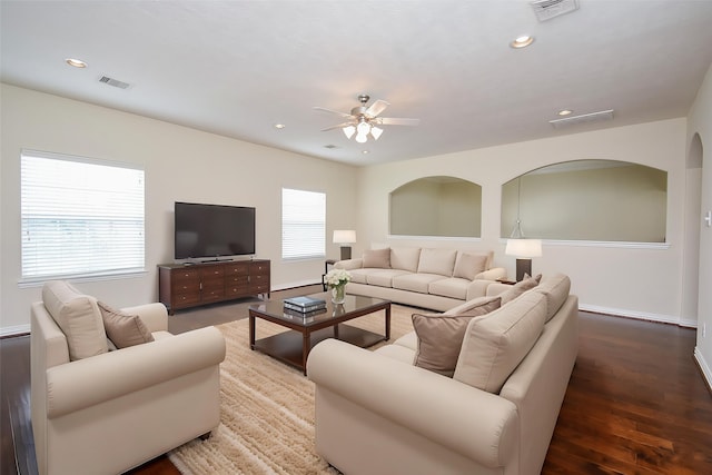 3315 Tulip Ranch Dr, Katy, TX 77494 - living room featuring a ceiling fan, wood finished floors, and recessed lighting