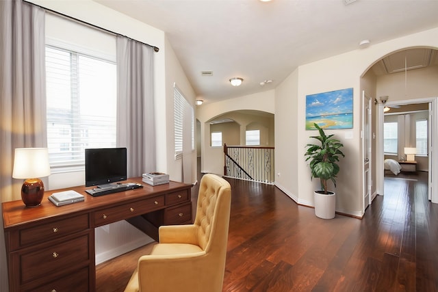 3315 Tulip Ranch Dr, Katy, TX 77494 - office area with attic access, wood finished floors, and arched walkways
