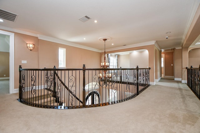 25518 Millbrook Bend Ln, Katy, TX 77494 - corridor with carpet floors, an upstairs landing, ornamental molding, a chandelier, and recessed lighting