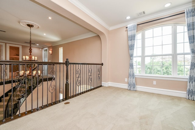 25518 Millbrook Bend Ln, Katy, TX 77494 - corridor featuring a chandelier, carpet, ornamental molding, and recessed lighting