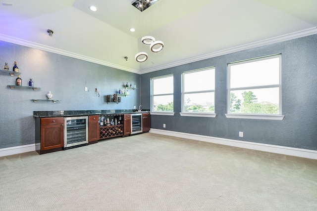25518 Millbrook Bend Ln, Katy, TX 77494 - indoor dry bar with beverage cooler, light colored carpet, ornamental molding, recessed lighting, and a textured wall