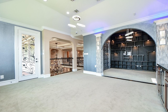 25518 Millbrook Bend Ln, Katy, TX 77494 - wine area with carpet flooring, ornamental molding, and arched walkways