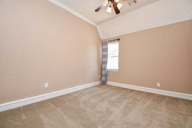 25518 Millbrook Bend Ln, Katy, TX 77494 - spare room featuring crown molding, vaulted ceiling, carpet floors, and ceiling fan