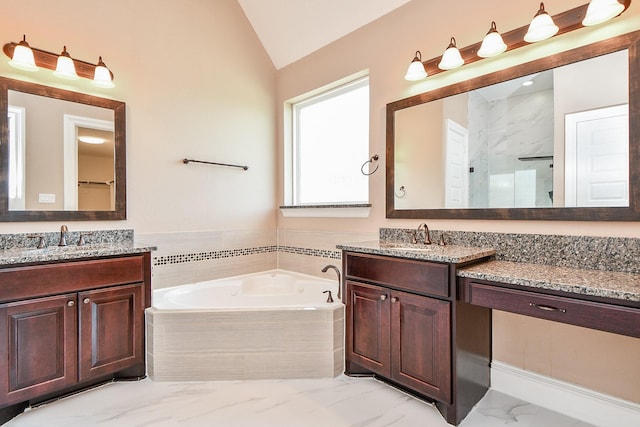 25518 Millbrook Bend Ln, Katy, TX 77494 - full bath with marble finish flooring, lofted ceiling, a garden tub, two vanities, and a walk in shower