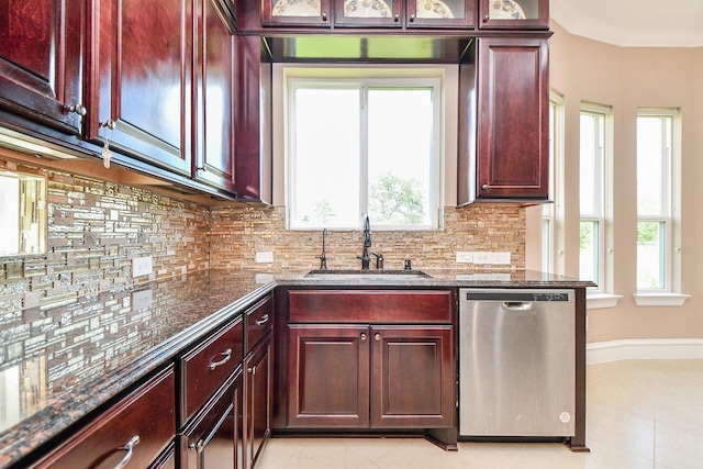25518 Millbrook Bend Ln, Katy, TX 77494 - kitchen featuring dishwasher, dark brown cabinets, tasteful backsplash, plenty of natural light, and crown molding