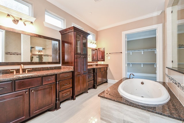 25518 Millbrook Bend Ln, Katy, TX 77494 - bathroom with a tub with jets, vanity, crown molding, tiled shower, and tile patterned flooring