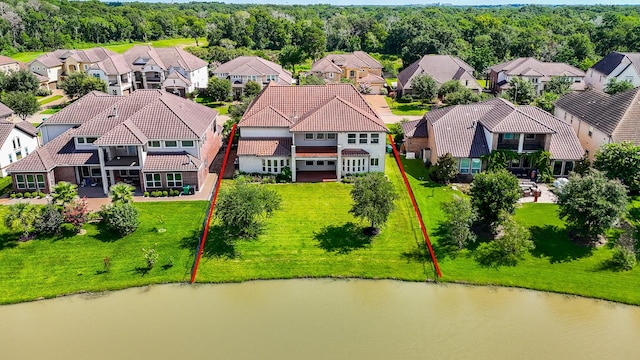 25518 Millbrook Bend Ln, Katy, TX 77494 - aerial perspective of suburban area featuring property parcel outlined and a nearby body of water