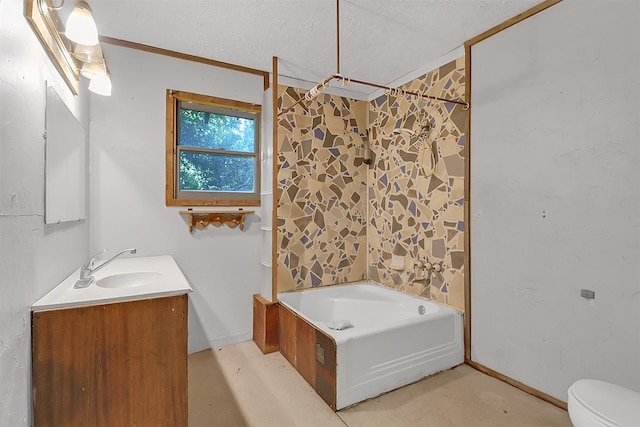 531 Circle Dr, La Porte, TX 77571 - bathroom with vanity, shower / bath combo, crown molding, a textured ceiling, and concrete flooring