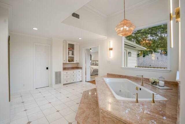 11 Twin Circle Dr, Houston, TX 77042 - full bath featuring a whirlpool tub, crown molding, ensuite bath, recessed lighting, and a chandelier