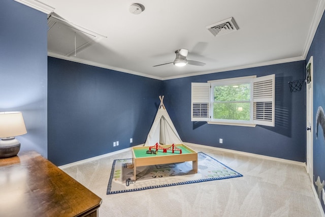11 Twin Circle Dr, Houston, TX 77042 - game room featuring attic access, crown molding, carpet, and a ceiling fan