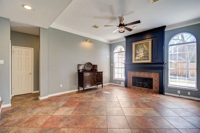 11715 Orchard Mountain Dr, Pasadena, TX 77059 - living area with healthy amount of natural light, a ceiling fan, ornamental molding, and a tiled fireplace