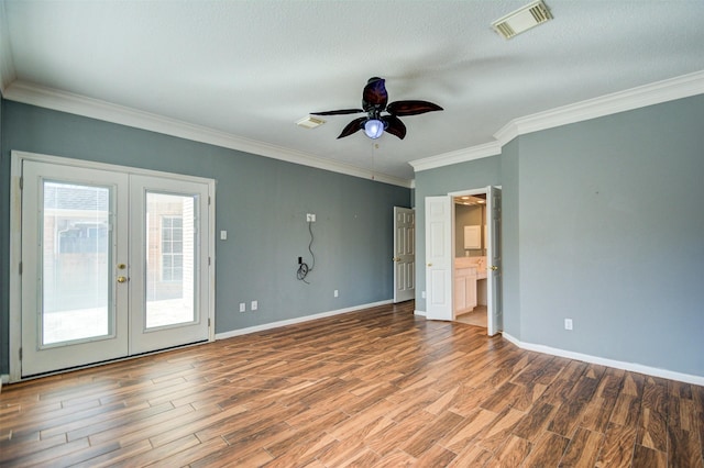 11715 Orchard Mountain Dr, Pasadena, TX 77059 - unfurnished room with french doors, wood finished floors, a ceiling fan, ornamental molding, and a textured ceiling