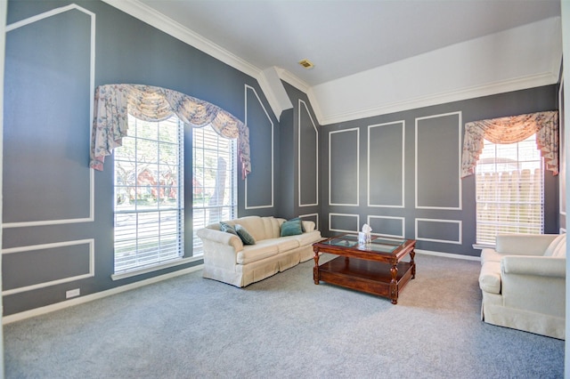 11715 Orchard Mountain Dr, Pasadena, TX 77059 - living room featuring carpet floors, ornamental molding, and a decorative wall