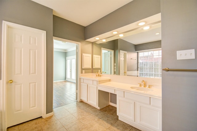 11715 Orchard Mountain Dr, Pasadena, TX 77059 - bathroom with double vanity, recessed lighting, tile patterned flooring, and crown molding