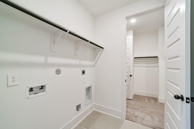 17794 Misty Brook Ln, Conroe, TX 77302 - washroom featuring hookup for a washing machine, electric dryer hookup, gas dryer hookup, and light colored carpet