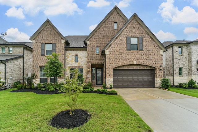 17794 Misty Brook Ln, Conroe, TX 77302 - view of front facade featuring concrete driveway, an attached garage, a front yard, stone siding, and brick siding