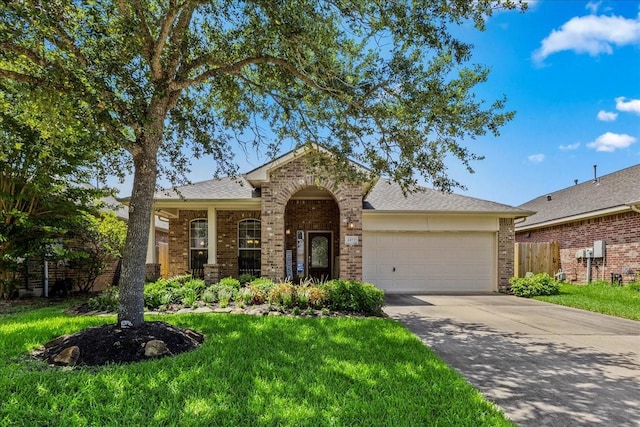4472 Gerona St, League City, TX 77573 - traditional-style house featuring brick siding, an attached garage, driveway, and a shingled roof