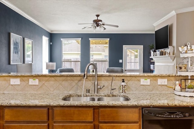 4472 Gerona St, League City, TX 77573 - kitchen with dishwasher, brown cabinetry, ceiling fan, plenty of natural light, and crown molding