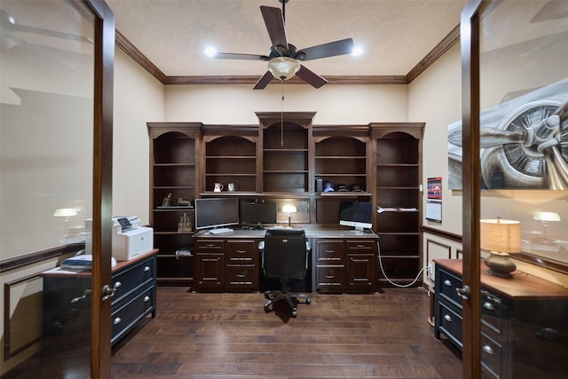 11917 Walden Rd, Montgomery, TX 77356 - home office with crown molding, a ceiling fan, and dark wood-style floors