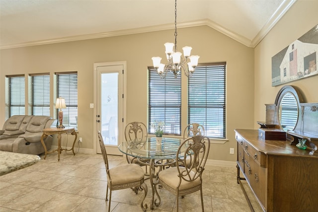 11917 Walden Rd, Montgomery, TX 77356 - dining area featuring crown molding, a chandelier, plenty of natural light, and lofted ceiling