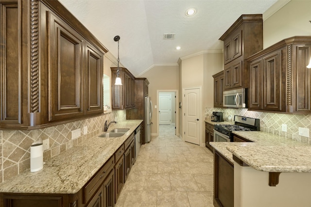 11917 Walden Rd, Montgomery, TX 77356 - kitchen with appliances with stainless steel finishes, dark brown cabinets, light stone counters, hanging light fixtures, and lofted ceiling