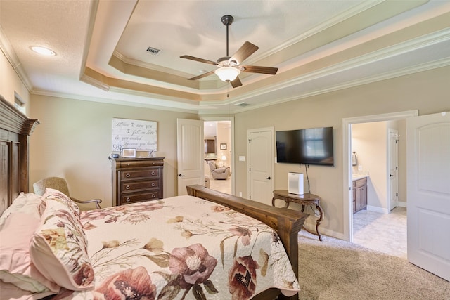 11917 Walden Rd, Montgomery, TX 77356 - bedroom featuring crown molding, a tray ceiling, light colored carpet, and a ceiling fan