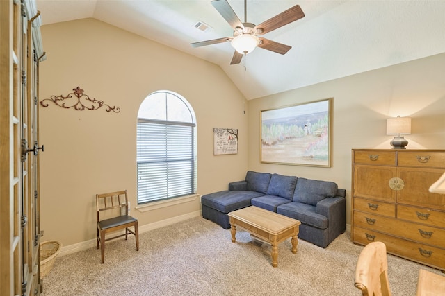 11917 Walden Rd, Montgomery, TX 77356 - living area featuring lofted ceiling, carpet flooring, and a ceiling fan