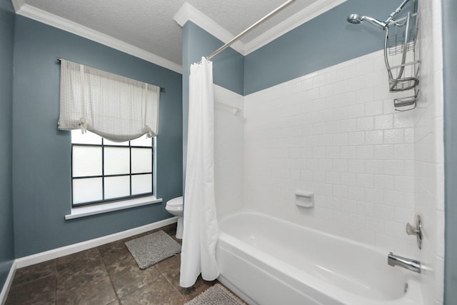 3107 Dulaney Rd, Houston, TX 77084 - full bath with shower / bathtub combination with curtain, ornamental molding, and a textured ceiling