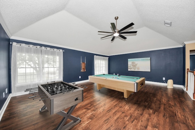 3107 Dulaney Rd, Houston, TX 77084 - recreation room featuring vaulted ceiling, ceiling fan, wood finished floors, pool table, and a textured ceiling
