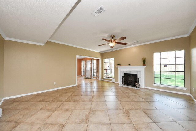 3107 Dulaney Rd, Houston, TX 77084 - unfurnished living room with a ceiling fan, ornamental molding, light tile patterned flooring, and a tile fireplace