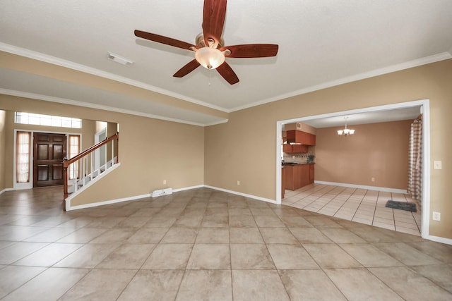 3107 Dulaney Rd, Houston, TX 77084 - unfurnished living room with light tile patterned floors, ornamental molding, a chandelier, a ceiling fan, and stairway
