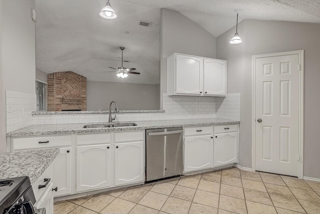 22307 Silver Morning Cir, Katy, TX 77450 - kitchen featuring dishwasher, vaulted ceiling, decorative backsplash, ceiling fan, and white cabinets