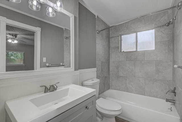 22307 Silver Morning Cir, Katy, TX 77450 - bathroom with shower / bathtub combination, vanity, ceiling fan, and wainscoting