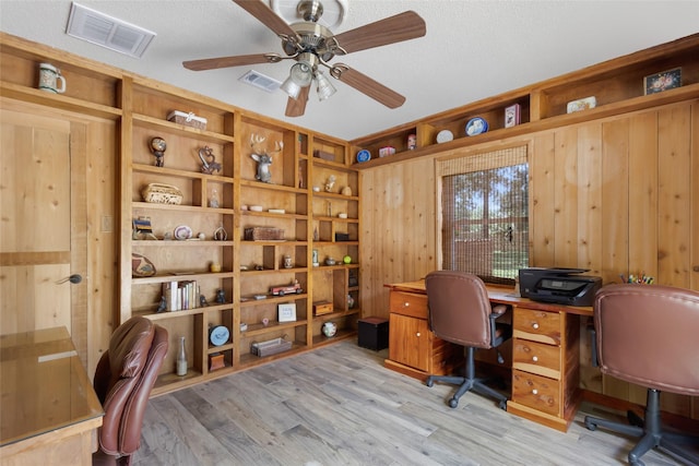 14590 N Tram Rd, Splendora, TX 77372 - home office with ceiling fan, light wood-type flooring, wooden walls, and a textured ceiling