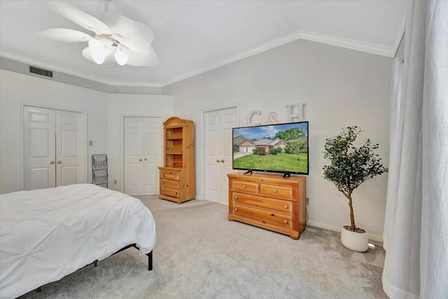 14523 Hillside Hickory Ct, Houston, TX 77062 - bedroom with light carpet, crown molding, lofted ceiling, and a ceiling fan