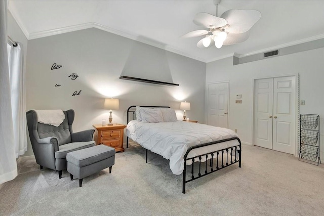 14523 Hillside Hickory Ct, Houston, TX 77062 - bedroom featuring light carpet, vaulted ceiling, ornamental molding, and ceiling fan