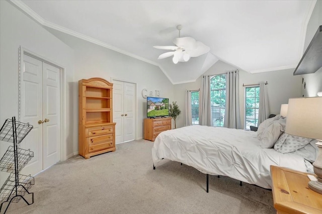 14523 Hillside Hickory Ct, Houston, TX 77062 - bedroom with light carpet, crown molding, vaulted ceiling, and ceiling fan