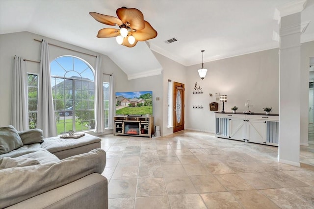 14523 Hillside Hickory Ct, Houston, TX 77062 - living area with vaulted ceiling, ornamental molding, and a ceiling fan