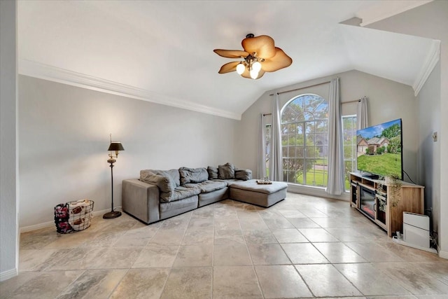 14523 Hillside Hickory Ct, Houston, TX 77062 - living room featuring ceiling fan, lofted ceiling, and crown molding
