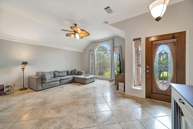 14523 Hillside Hickory Ct, Houston, TX 77062 - foyer with plenty of natural light, lofted ceiling, ceiling fan, crown molding, and light tile patterned flooring