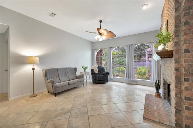14523 Hillside Hickory Ct, Houston, TX 77062 - sitting room featuring ceiling fan, a brick fireplace, and lofted ceiling