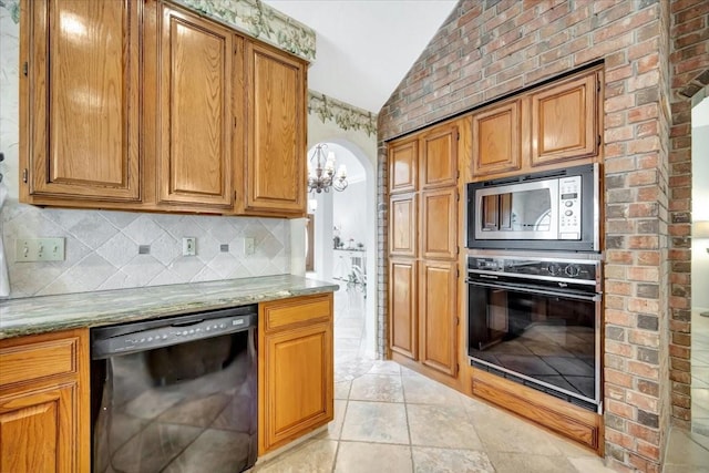 14523 Hillside Hickory Ct, Houston, TX 77062 - kitchen featuring black appliances, lofted ceiling, a chandelier, tasteful backsplash, and brown cabinetry