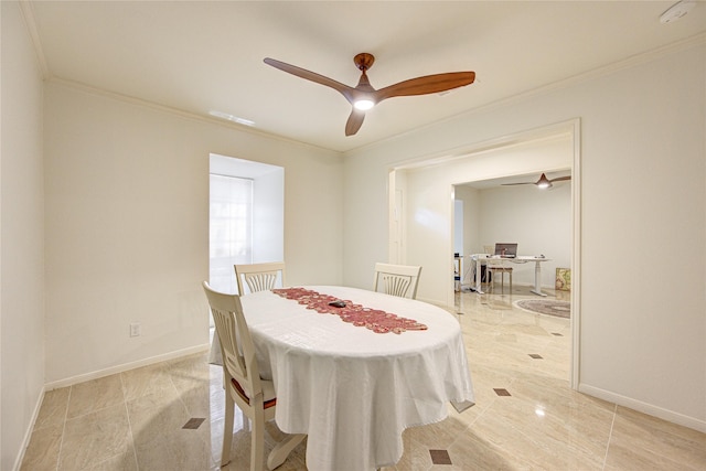 14143 Lost Meadow Ln, Houston, TX 77079 - dining space featuring ornamental molding, a ceiling fan, and an office area
