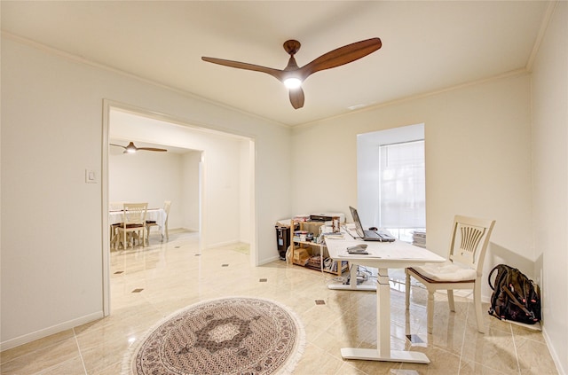 14143 Lost Meadow Ln, Houston, TX 77079 - office with crown molding, a ceiling fan, and light tile patterned floors