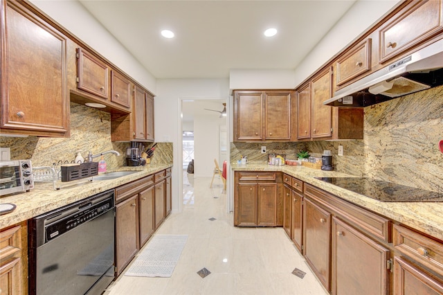 14143 Lost Meadow Ln, Houston, TX 77079 - kitchen with dishwasher, under cabinet range hood, decorative backsplash, black electric cooktop, and recessed lighting