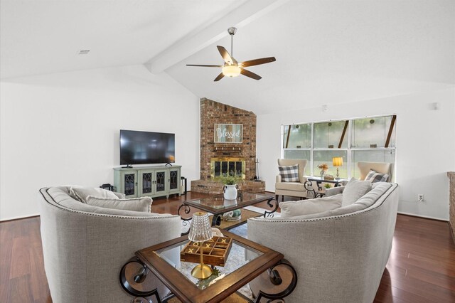 1370 Stevenage Ln, Channelview, TX 77530 - living room with a ceiling fan, dark wood-type flooring, and a fireplace