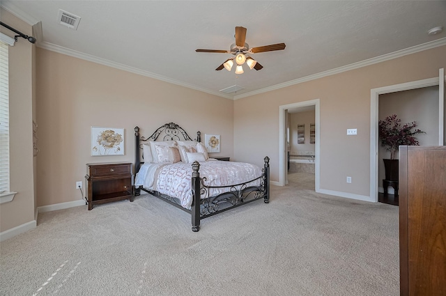 19547 Stetson Heights Ln, Richmond, TX 77407 - carpeted bedroom featuring crown molding, ceiling fan, and ensuite bathroom